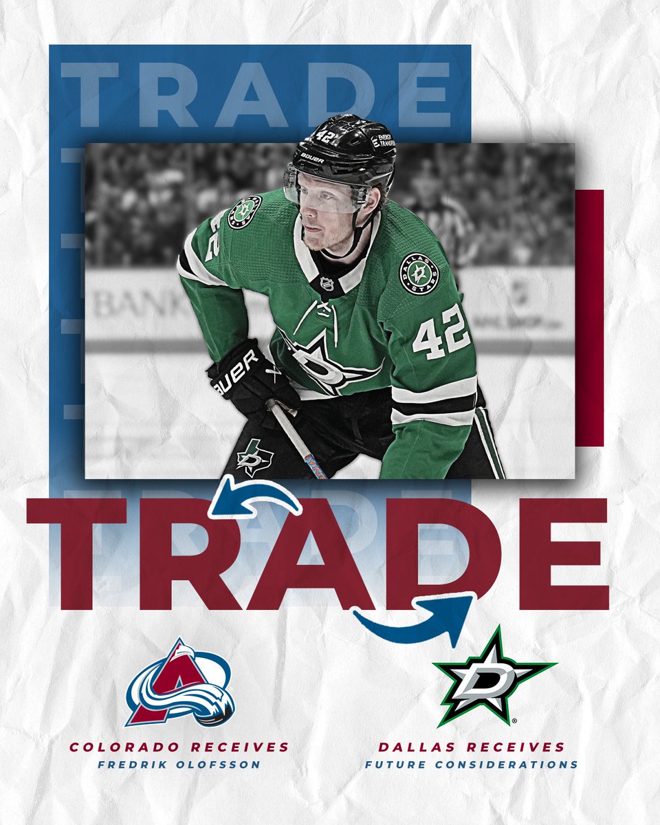 Avalanche's tweet photo. We have acquired Fredrik Olofsson from the Dallas Stars in exchange for future considerations.
Olofsson has agreed to a one-year contract for the 2023-24 season.
#GoAvsGo https://t.co/Cqy0wbxrsS