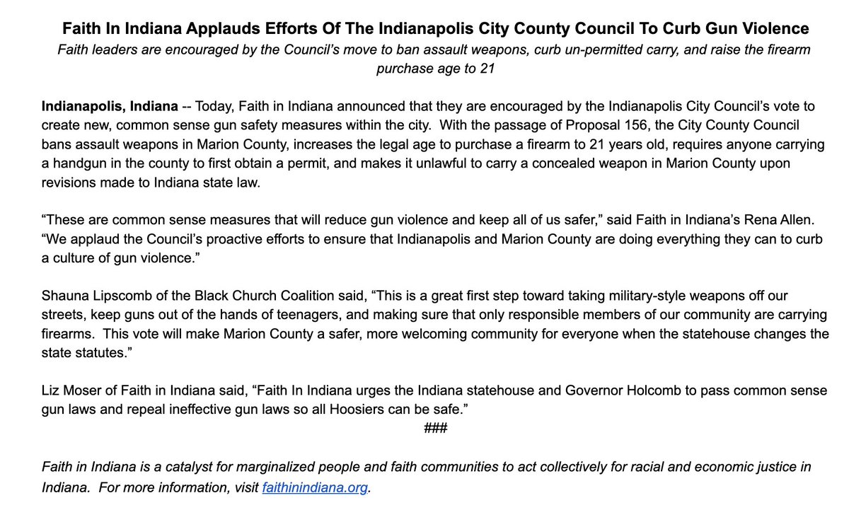 actindiana's tweet photo. Our partners Faith In Indiana applaud Marion County’s newest measures to curb gun violence. https://t.co/0y1Tqu9CYk