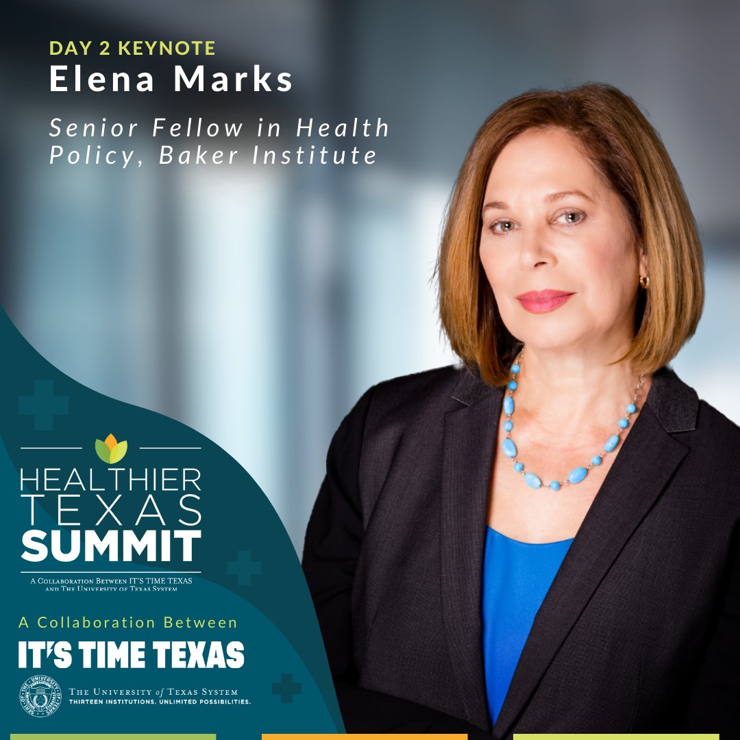 We are honored to have Elena M. Marks, Senior Fellow in Health Policy of the Baker Institute, as a keynote speaker at Healthier Texas Summit. Register today at healthiertexassummit.com Hosted in collaboration with <a href="/utsystem/">The University of Texas System</a> #HealthierTXSummit #TransformingTX2023 #HealthierTX