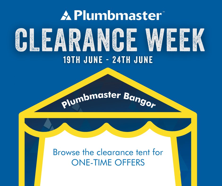 Next week Plumbmaster Bangor are holding a Clearance Sale...ALL WEEK!

A marquee will be up outside the branch, and inside will be clearance offers on lines across our entire range😎

Don't miss out!