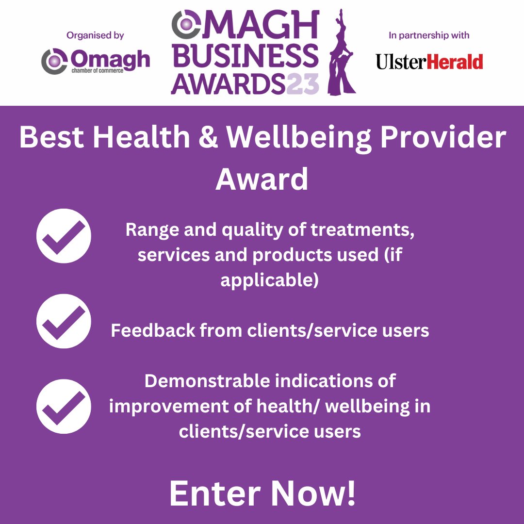Best Health &amp; Wellbeing Provider

The Omagh Business Awards are organised by <a href="/OmaghChamber/">Omagh Chamber of Commerce and Industry</a> and <a href="/we_are_tyrone/">WeAreTyrone</a> 

Enter now👉 ow.ly/S3wC50OLGBv

#ThePeopleBehindTheNews #OBA23 #BusinessAwards #Events #LocalMedia #LocalBusiness