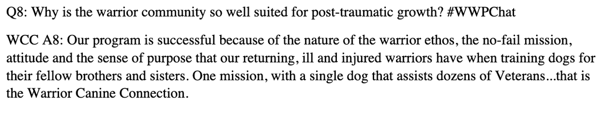A8 #WWPChat #CombatStigma #FurTheLoveOfVeterans
@wwp