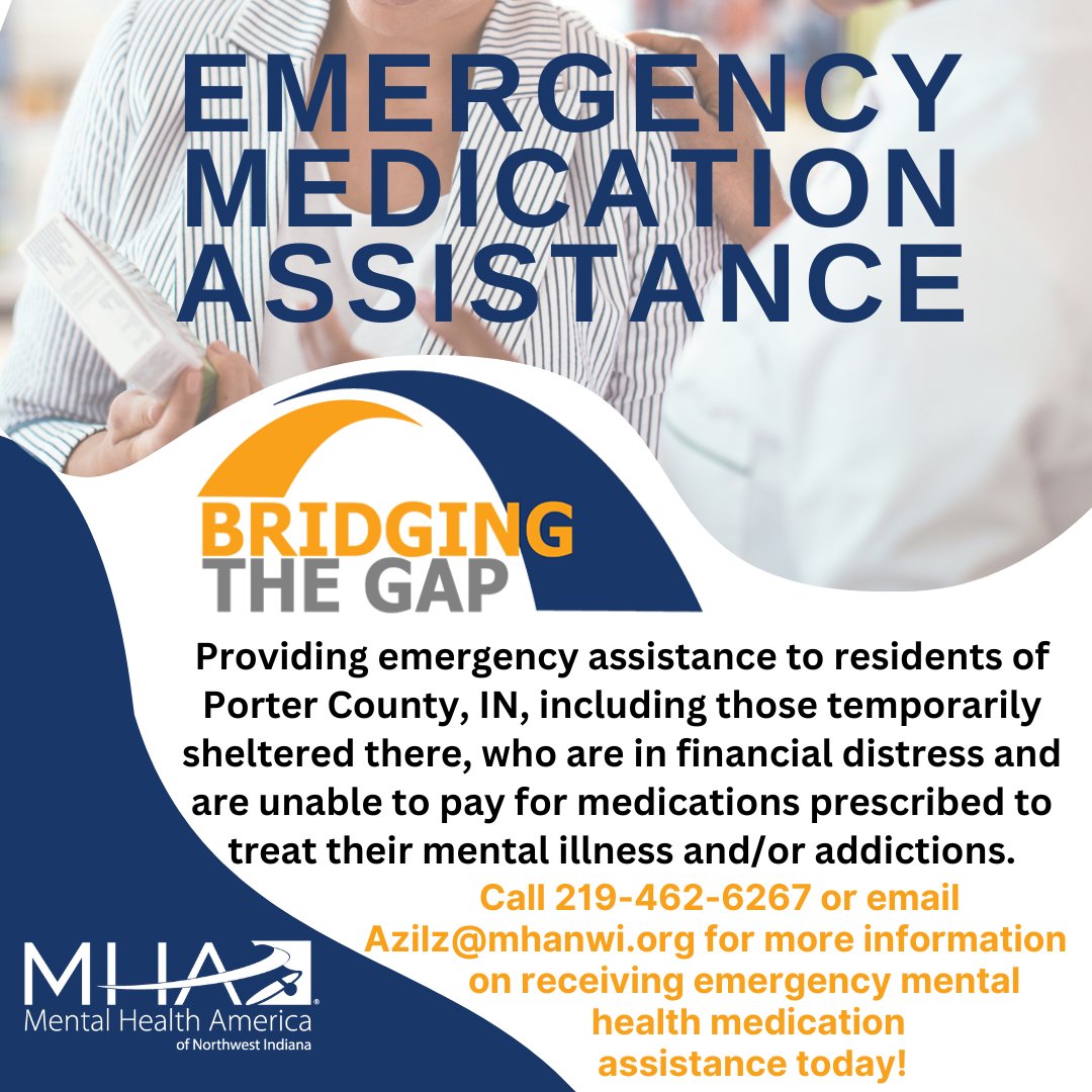 For more information and to find out if you qualify, please call Alyssa Z at 219-462-6267 or email at azilz@mhanwi.org 
#bridgingthegap #medicationassistance #mentalhealthmedication #NWIndiana #B4Stage4 #MHANWI #PorterCounty #YouAreNotAlone