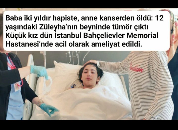 12 yaşındaki ZÜLEYHA ağır hasta.!
Beyninde tümör tespit edildi ve Ameliyat oldu.

Annesi 10 ay önce kanserden hayatını kaybetti.  
Babası  2 yıldır Cezaevinde.
#ZüleyhaBabasınaKavuşsun

 @adalet_bakanlik
CezaevlerindeHak İhlaliVar