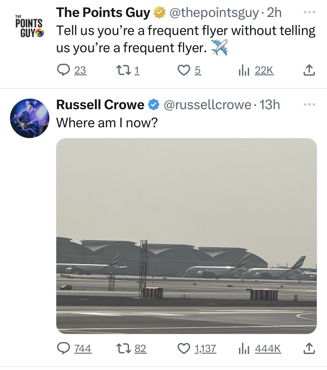EPierce100's tweet photo. @thepointsguy @russellcrowe is the master. https://t.co/mhRN10bwBI