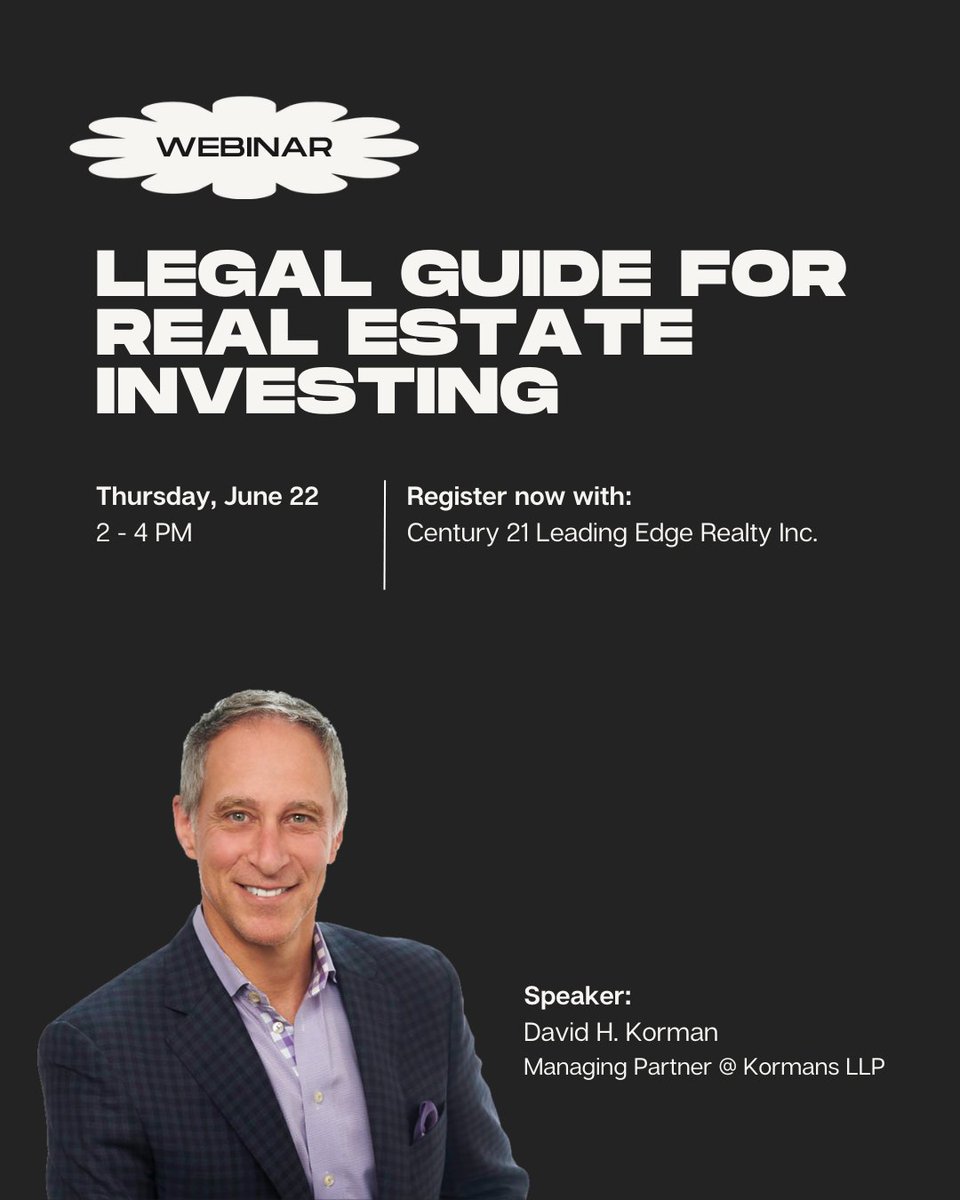 Make sure to mark your calendars! Don't miss out! David Korman is going to be presenting on #Legal #Guide for #RealEstate #Investing.

#century21 #century21leadingedge #realestateinvesting #investingrealestate #realestatelaw #realestateseminar #ontariolaw #realtortraining