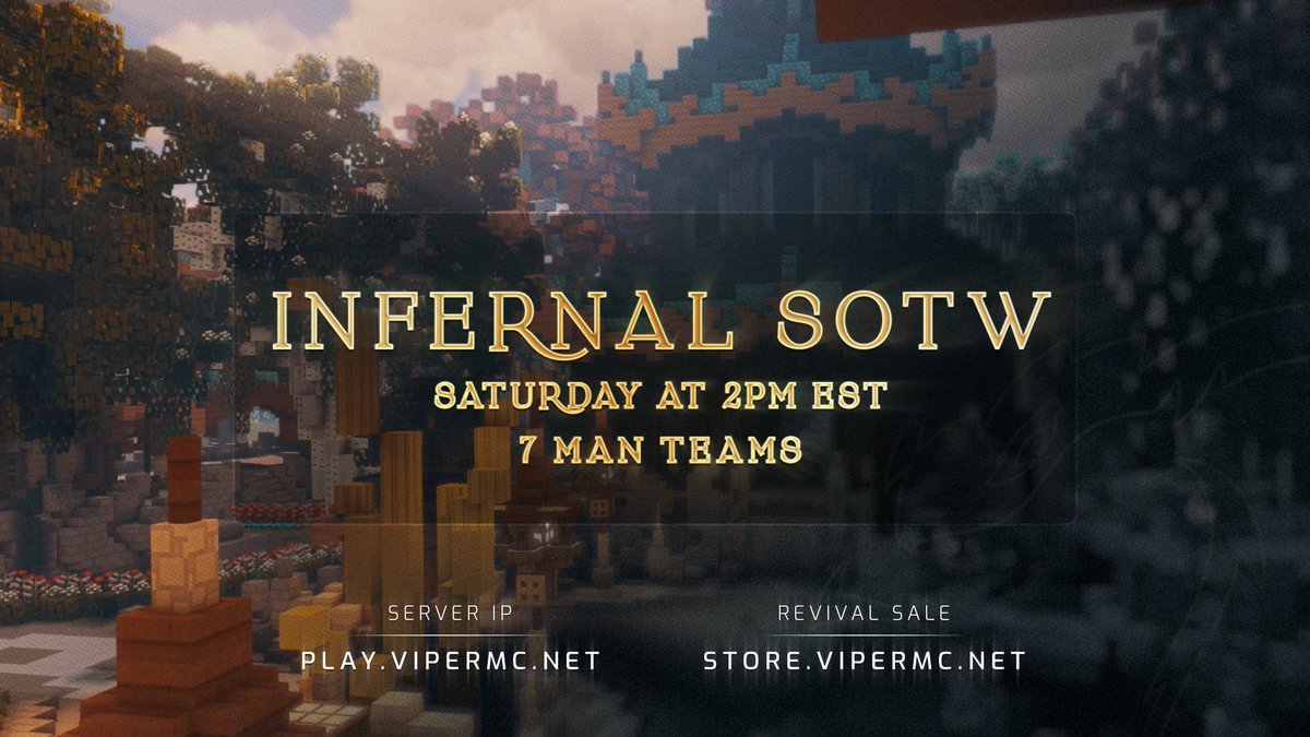 Infernal's EOTW is on Friday at 5PM EST followed by Infernal's SOTW on Saturday at 2PM EST!

Today, we will be giving away the following:

🌷 3 High Roller Ranks
🌷 2 Pyro Ranks
🌷 5 Mystery Boxes
🌷 5 Golden Viper Cloaks

Follow us, retweet, and like to enter. Good luck! 🐍