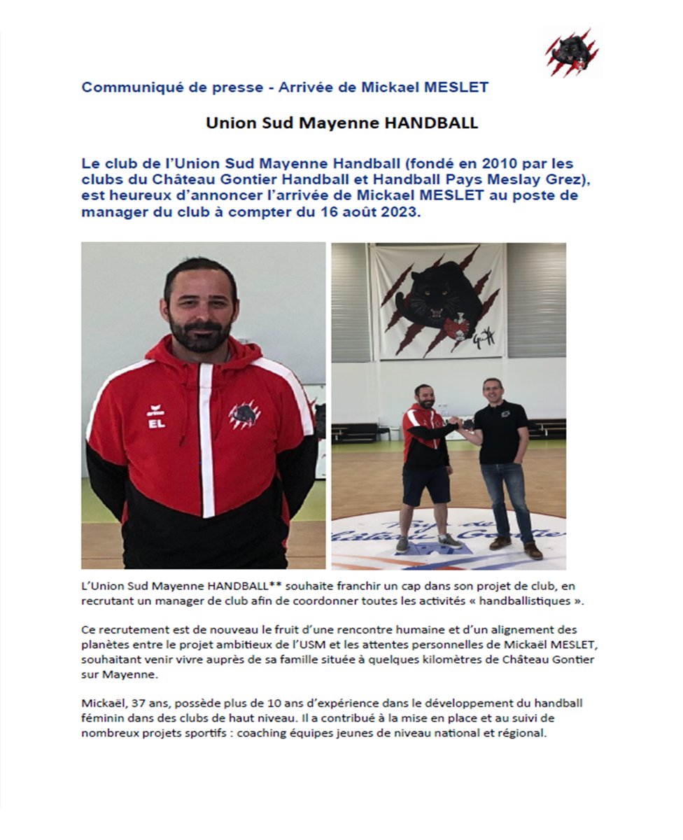 union_sud's tweet photo. 📣 RECRUTEMENT 

Nous avons le plaisir de vous annoncer l'arrivée de Mickaël MESLET au Manager du club et entraineur des équipes jeunes. 

📜Le communiqué de Presse ci joint, détaille cette nouvelle aventure ! https://t.co/RknrGr1boT