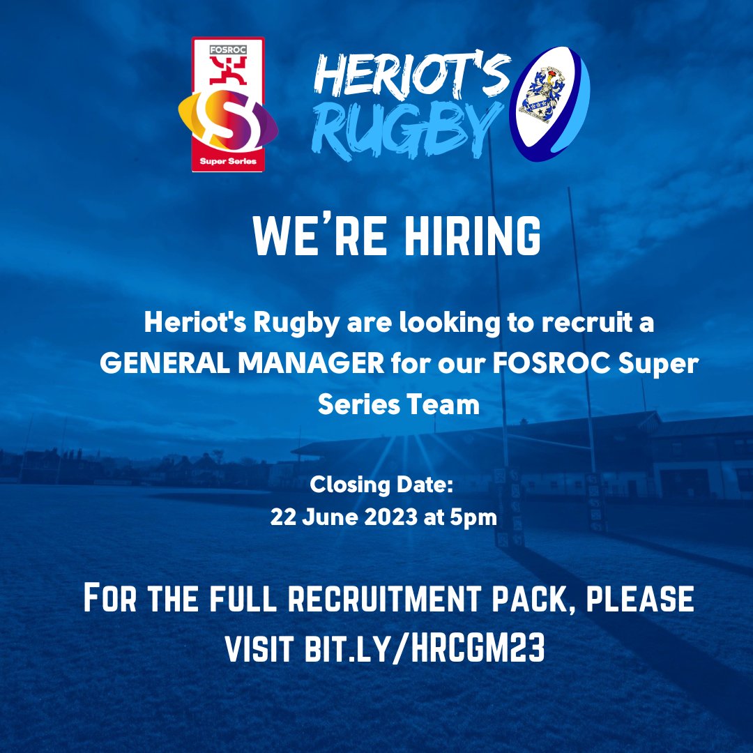 🔹𝗪𝗲'𝗿𝗲 𝗛𝗶𝗿𝗶𝗻𝗴🔹

Heriot's Rugby Club is recruiting a General Manager for the @SuperSeriesRug team, Heriot's Rugby

𝗖𝗹𝗼𝘀𝗶𝗻𝗴 𝗱𝗮𝘁𝗲 𝟮𝟮 𝗝𝘂𝗻𝗲 '𝟮𝟯

Find out more bit.ly/HRCGM23