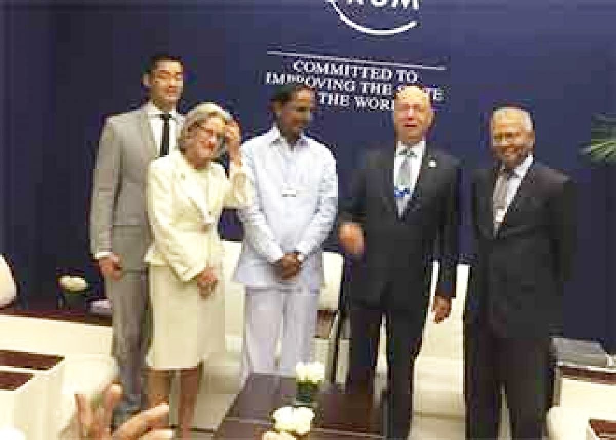 sept 2015 ️️️️️️️️️️️️️️️️️️️️ 

      Telangana CM KChandrashekar Rao&
 WEFExecutive Chairman Klaus Schwab exchanged ideas about promoting economic development,
 the world&how the newpolicy has brought in approximately Rs12,000
  crore investment