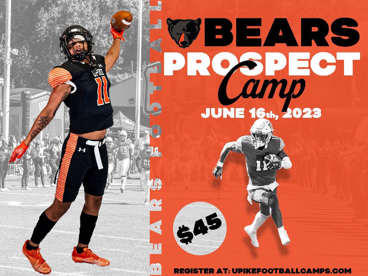 ‼️Prospect Camp is tomorrow‼️ @UPIKEFOOTBALL Don’t miss out! The majority of our recruiting class last year came from this camp! Come compete and show us you can ball out as a #FutureBear Registration is still open ⬇️ upikefootballcamps.com/prospect-camp.…