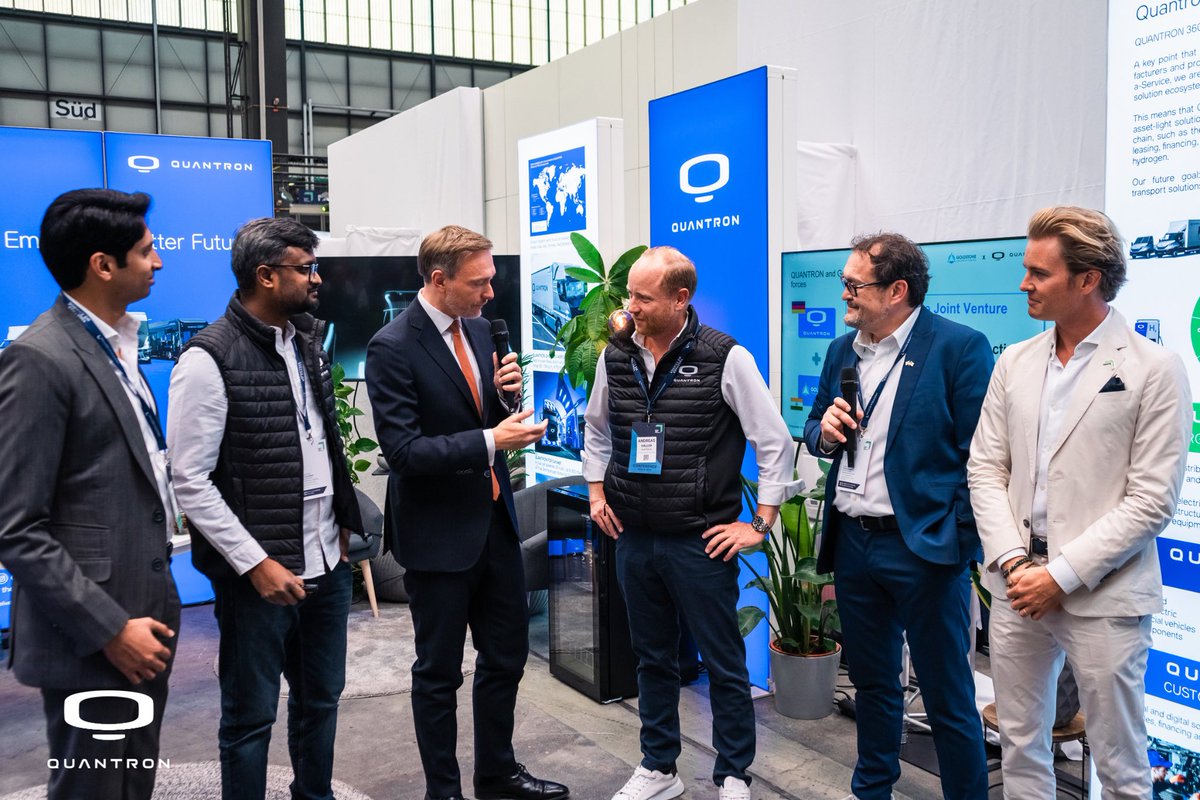AgQuantron's tweet photo. We're thrilled to welcome Christian Lindner, Federal Minister of Finance, and @NicoRosberg , former @F1 World Champion and founder/host of the @greentech_fest, to the #Quantron booth in #Berlin today, and to announce our now jv #ROQIT with Goldstone Technologies. https://t.co/0PbdE04H5V