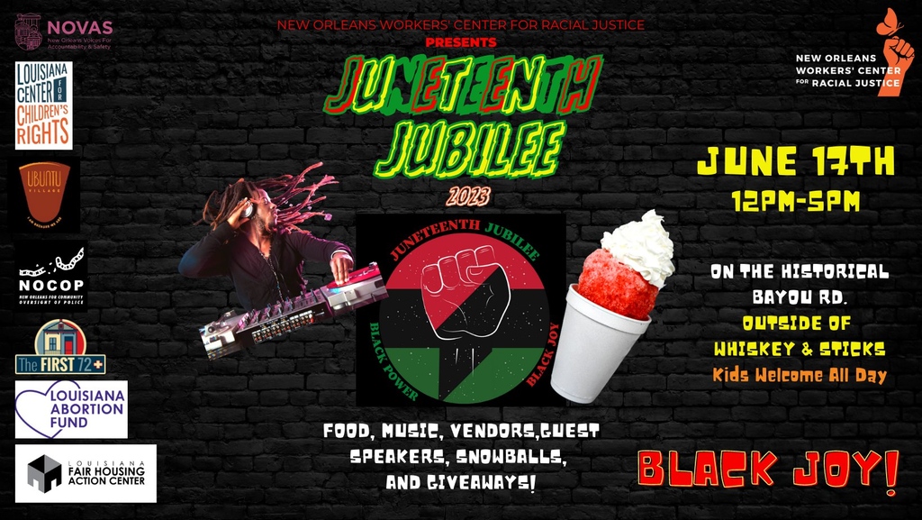 Join us and <a href="/NOWCRJ/">New Orleans Workers' Center for Racial Justice</a>, <a href="/nola_voices/">New Orleans Voices for Accountability and Safety</a>, <a href="/FairHousingLA/">Louisiana Fair Housing Action Center</a>, <a href="/UbuntuNola/">Ubuntu Village Nola</a>, @NolaAbortionFnd, and <a href="/First72Plus/">The First 72+</a> this Saturday as we celebrate FREEDOM and UNITY. 

June 17th, 12 PM - 5 PM Bayou Rd. Outside of Whiskey &amp; Sticks! #Juneteenth2023