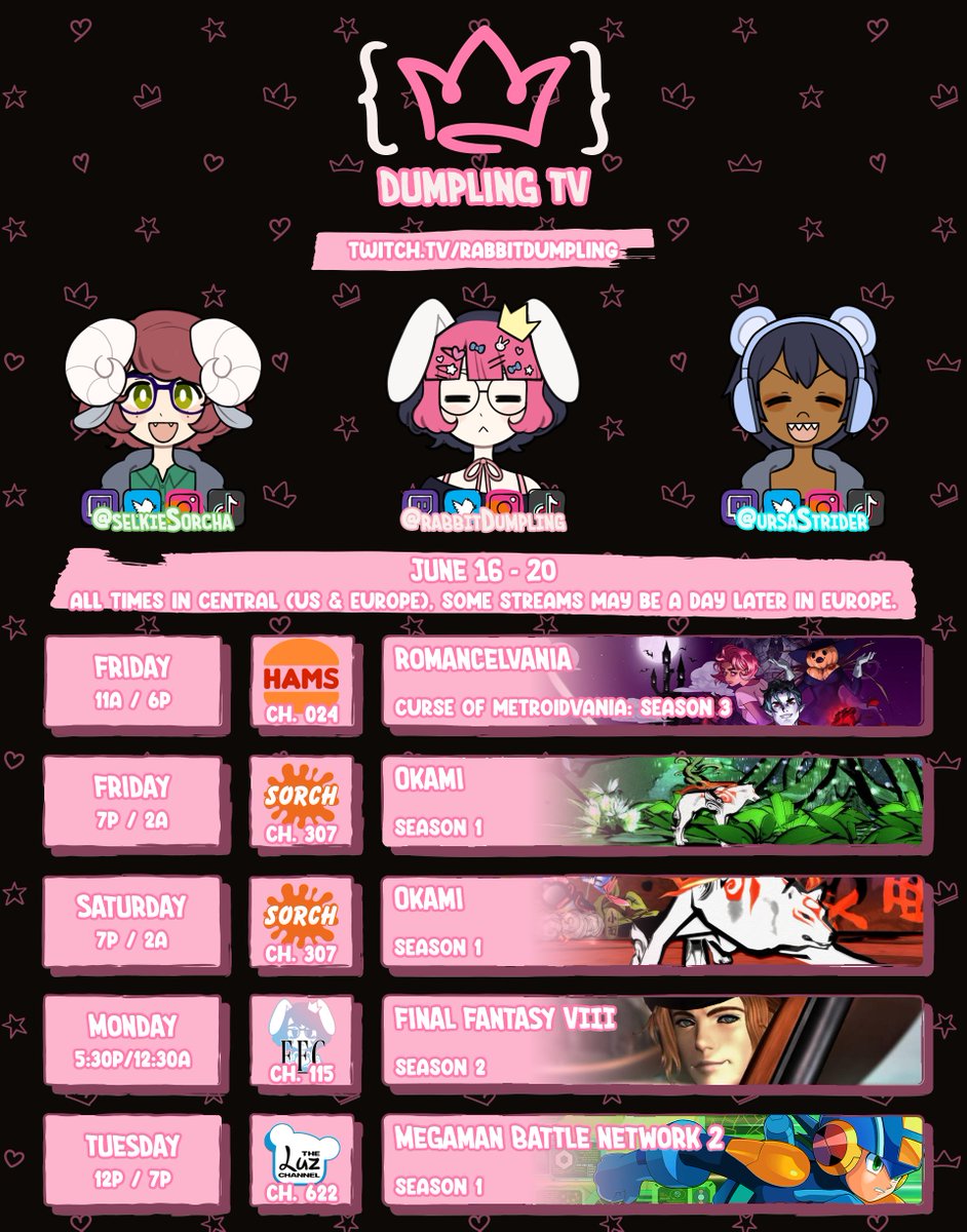 voidlingBento's tweet image. 🗓️ NEW CALENDAR!
Did you know I stream things? I know, I forgot too! So we have Romancelvania on Friday morning, some Okami Friday and Saturday Night, Final Fantasy 8 on Monday Night and Battle Network on Tuesday! Be there, be rad and have a good time!
🎉🎉twitch.tv/rabbitdumpling