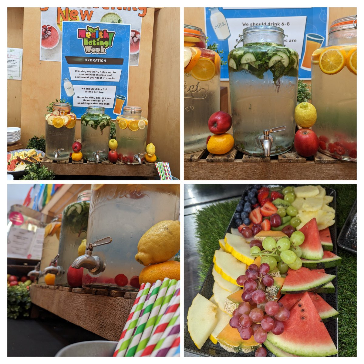Fruit infused Hydration Station as we continue our Healthy Eating Week. Tomorrow, we are promoting Healthier dessert options with Fresh Fruit Salad and cream