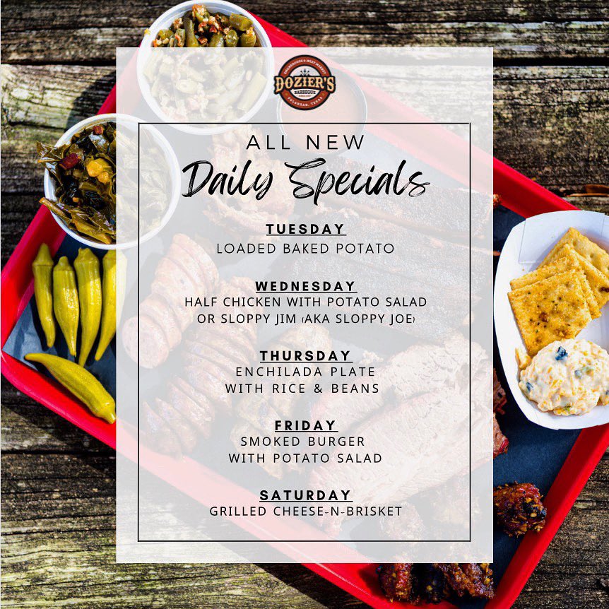 Curious about our daily specials? Save this post for future reference. Stay up to date with all the Dozier’s happenings!