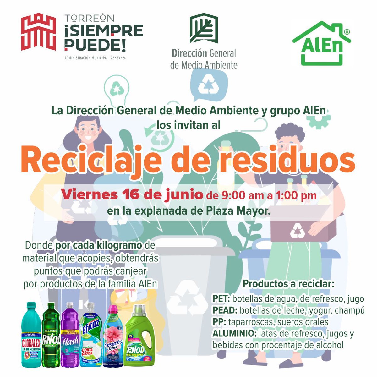 ♻️ La Dirección General de Medio Ambiente Torreón y Grupo AlEn te invitan al "Reciclaje de Residuos".

🗓️ Viernes 16 de junio
⏰Horario: 9:00 am a 1:00 pm
📍  Explanada de la Plaza Mayor

#TorreónSiemprePuede