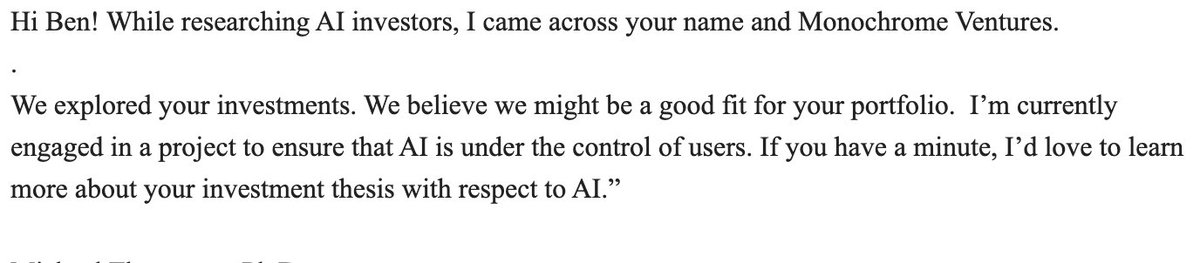 #Founders - this is a terrible way to reach out to #VCs.

If you are pitching a #startup, send the deck or at least a teaser deck or at least some elevator blurb.

No #VC wants to enter into discussion about their thesis with you, and hopefully you already know their thesis.