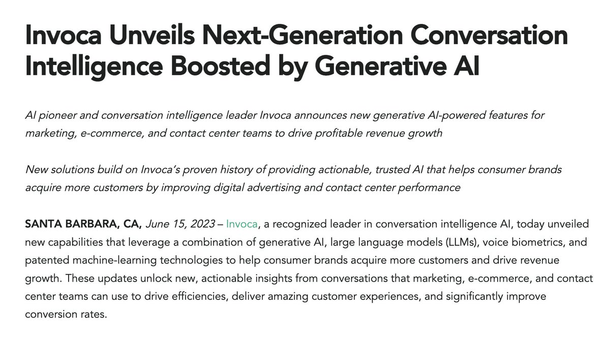 It's an exciting day at Invoca! Today, we unveiled new capabilities that leverage a combination of generative AI, large language models (LLMs), voice biometrics, and patented machine-learning technologies. Read more about Invoca generative AI: bit.ly/3p3QZvv