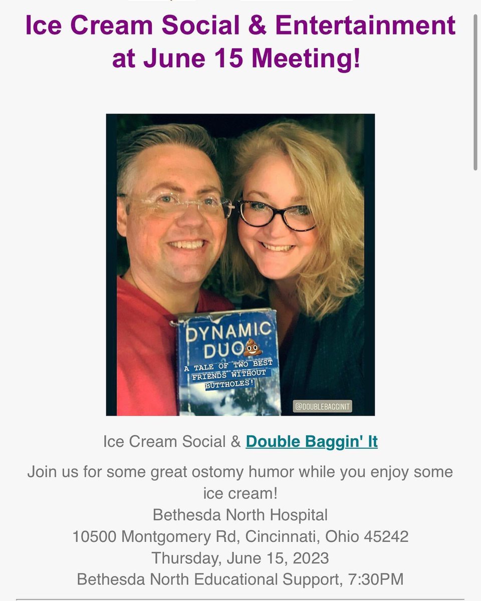 Join us TONIGHT at 7:30 pm for @MyGCOA's annual ice cream social, meeting the NEW @HollisterInc rep & a special presentation from @DoubleBagginIt! Come & share some fantastic company & some laughs!
#ostomysupport #ostomy #ostomates #ileostomy #urostomy #colostomy #patientadvocate