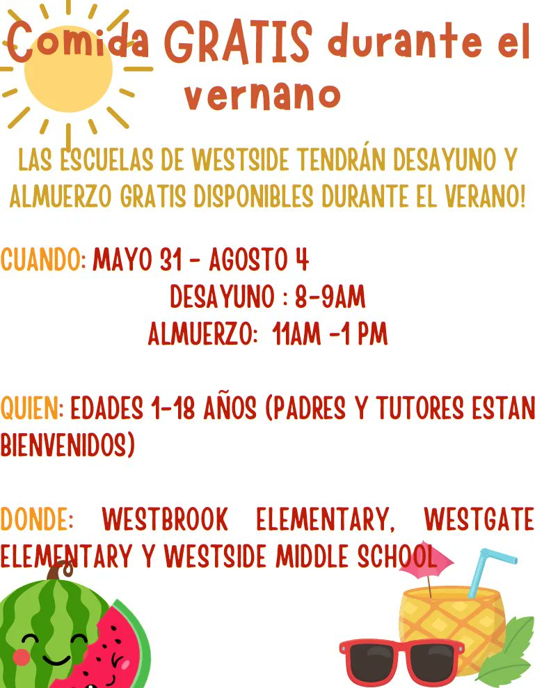 Westside schools are closed for the summer, but the kitchens are open!

The Summer Meals program will provide FREE breakfast and lunch to anyone age 1-18, and their parents or guardians. 
Check the flyer for times/locations.

Let’s keep children eating healthy! 

#WeAreWestside