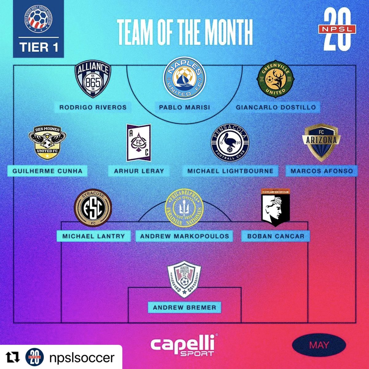 ⭐️ Our team is represented by <a href="/PabloMarisi/">Pᴀʙʟᴏ Mᴀʀɪsɪ ⚽️</a> in the @NPSLsoccer 𝐓𝐞𝐚𝐦 𝐨𝐟 𝐭𝐡𝐞 𝐌𝐨𝐧𝐭𝐡 for May!🤩
Congratulations Pablo and the whole team for their great performances, let's go for more!⚽️✨
•
#WeAreNaples 💙 #OneTeamOneCity