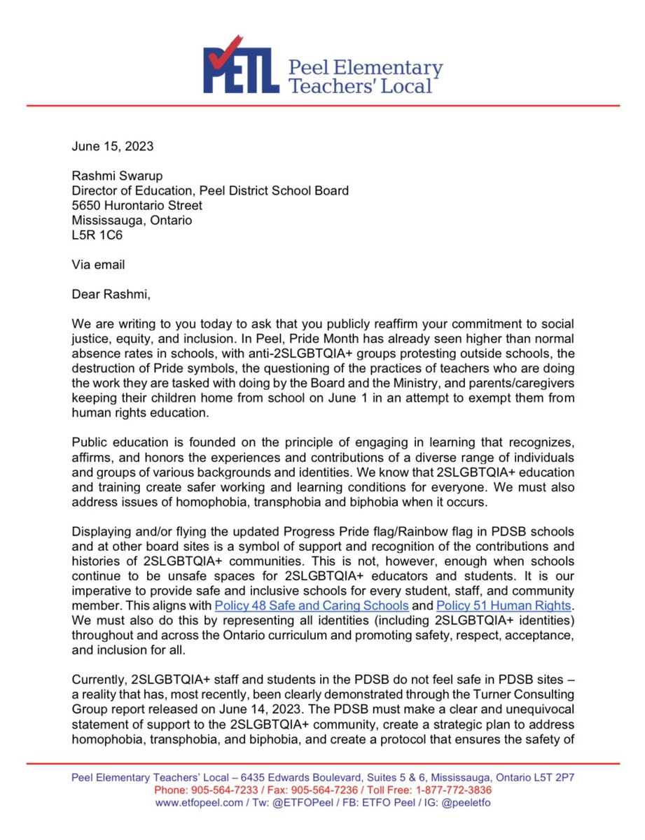 ETFOPeel's tweet photo. OPEN LETTER TO @PEELSCHOOLS:

The PDSB must take immediate action to fight 2S&amp;LGBTQIA+ hate, homophobia, transphobia, &amp; biphobia, &amp; to protect workers &amp; students. @ETFOPeel looks forward to consulting w the board on this urgent action.

#ETFO #OntEd #OnLab https://t.co/RbipWTM6fJ
