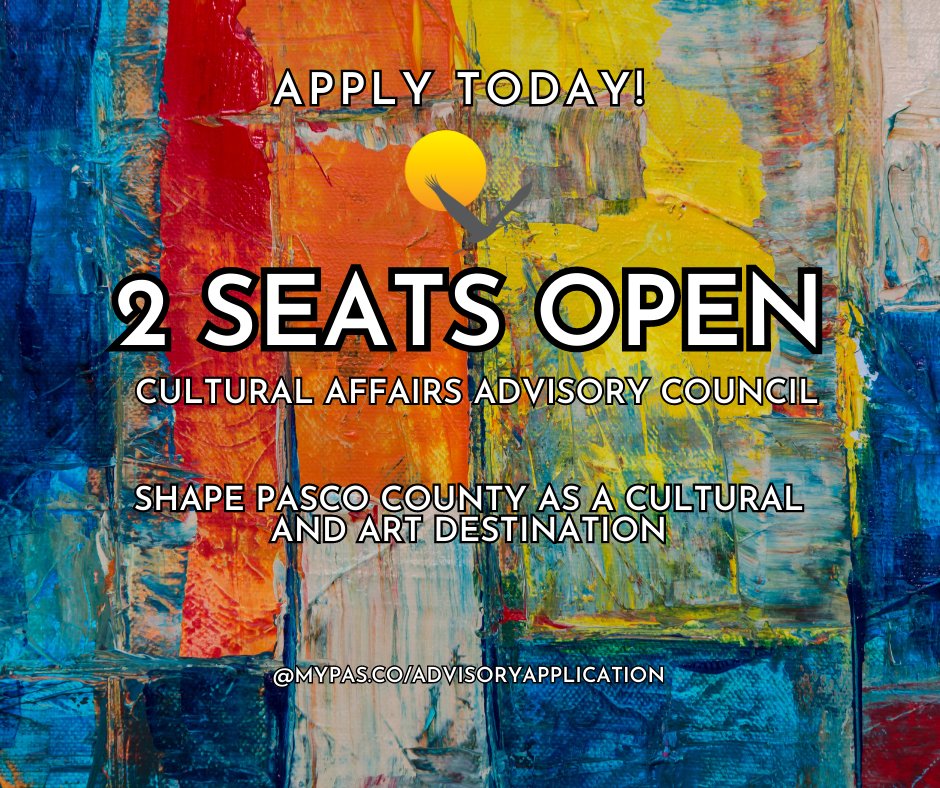 Help shape the future of art and culture in Pasco! We're looking for two individuals to volunteer for #PascoCounty Cultural Affairs Advisory Council. If you have extensive knowledge of the arts and culture scene, join us. Apply now: mypas.co/AdvisoryApplic…