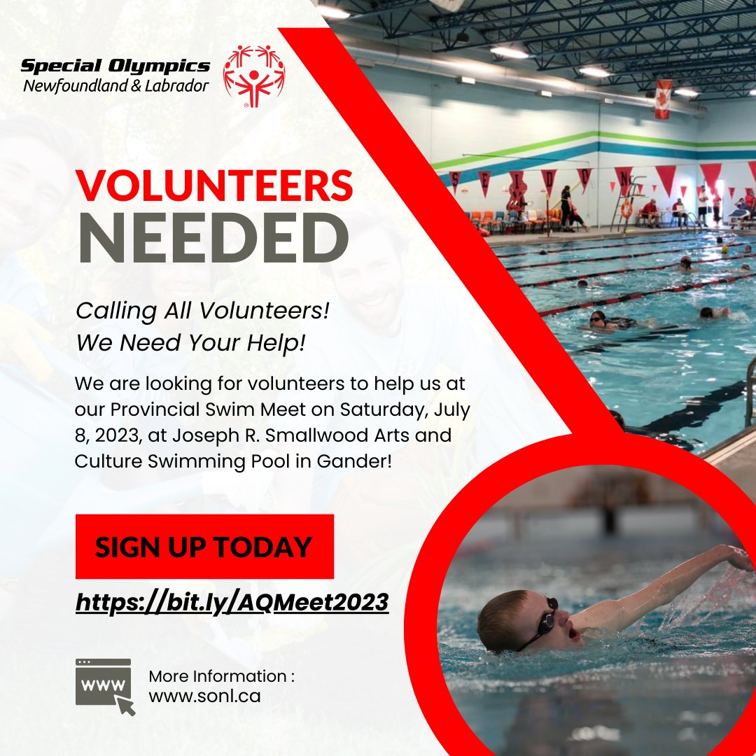 📣Calling all volunteers in the Gander Area!!!  We are hosting our Provincial Swim Meet on Sat, July 8 &amp; are seeking volunteers &amp; officials!  If you are interested please sign-up today. bit.ly/AQMeet2023

#volunteer