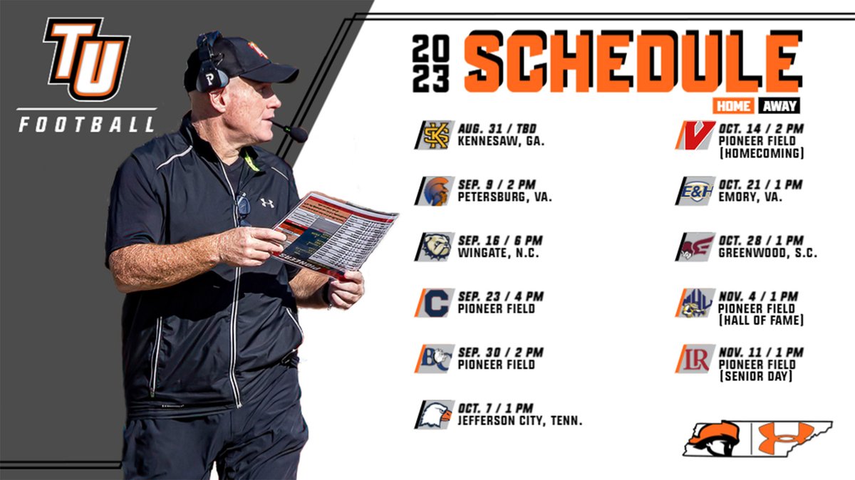 .<a href="/TusculumFB/">Tusculum Football</a> unveils 2023 schedule which features 11 games including 5 home contests at Pioneer Field; TU is coming off an 8-3 season and a runner-up finish in the SAC Mountain Division #PioneerUP
Full Story: tusculumpioneers.com/sports/fball/2…