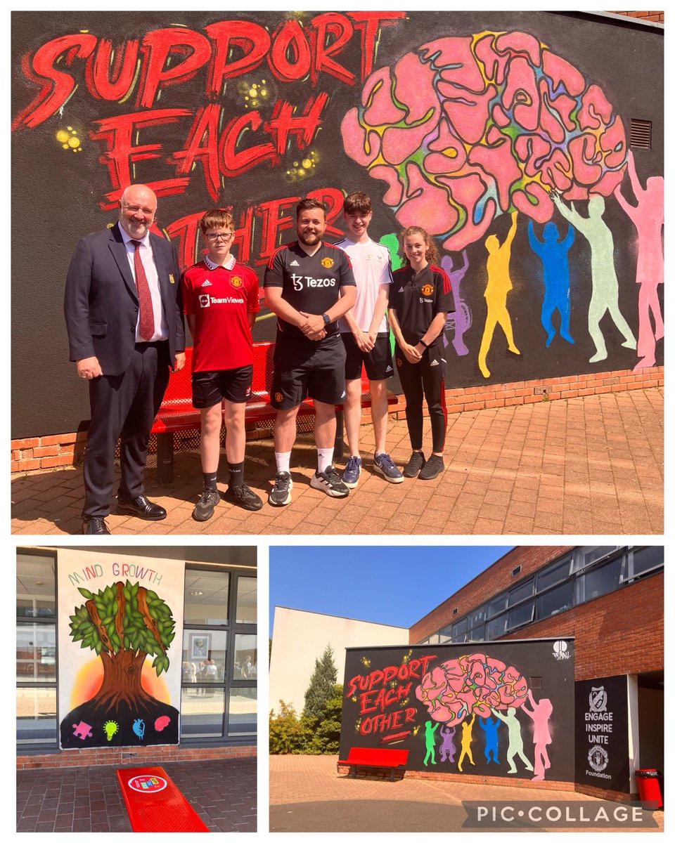 #SchoolPartnership Continuing  Manchester United Foundation Well-being Schools initiative, Oakgrove Integrated College @OIntegrated unveiled their “Well-being Mural &Happy to Chat benches” designed to support mental health &encourage pupil interaction &conversation @MU_Foundation