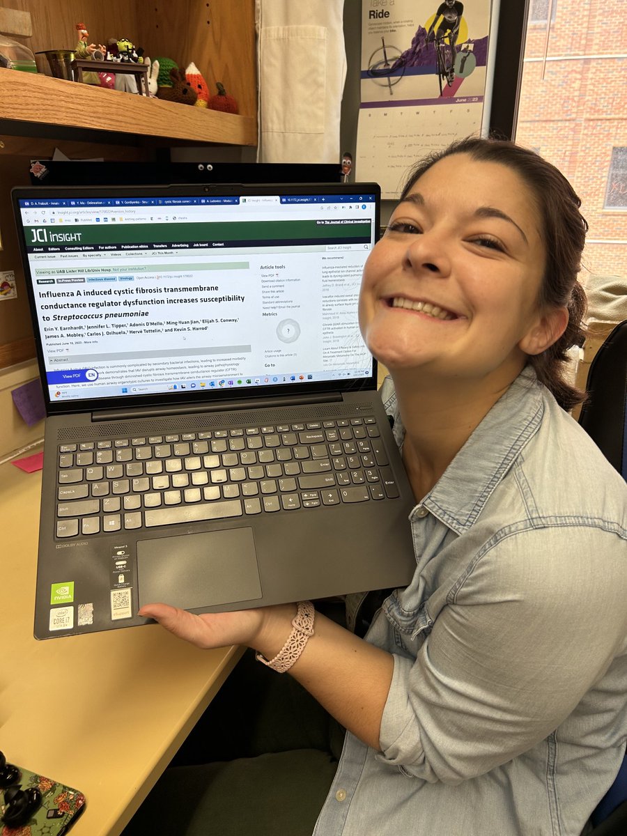 Erin Earnhardt’s first full paper published entitled, “Influenza A induced cystic fibrosis conductance regulator dysfunction increased susceptibility to Streptococcus pneumoniae”. Preprint can be found here insight.jci.org/articles/view/…