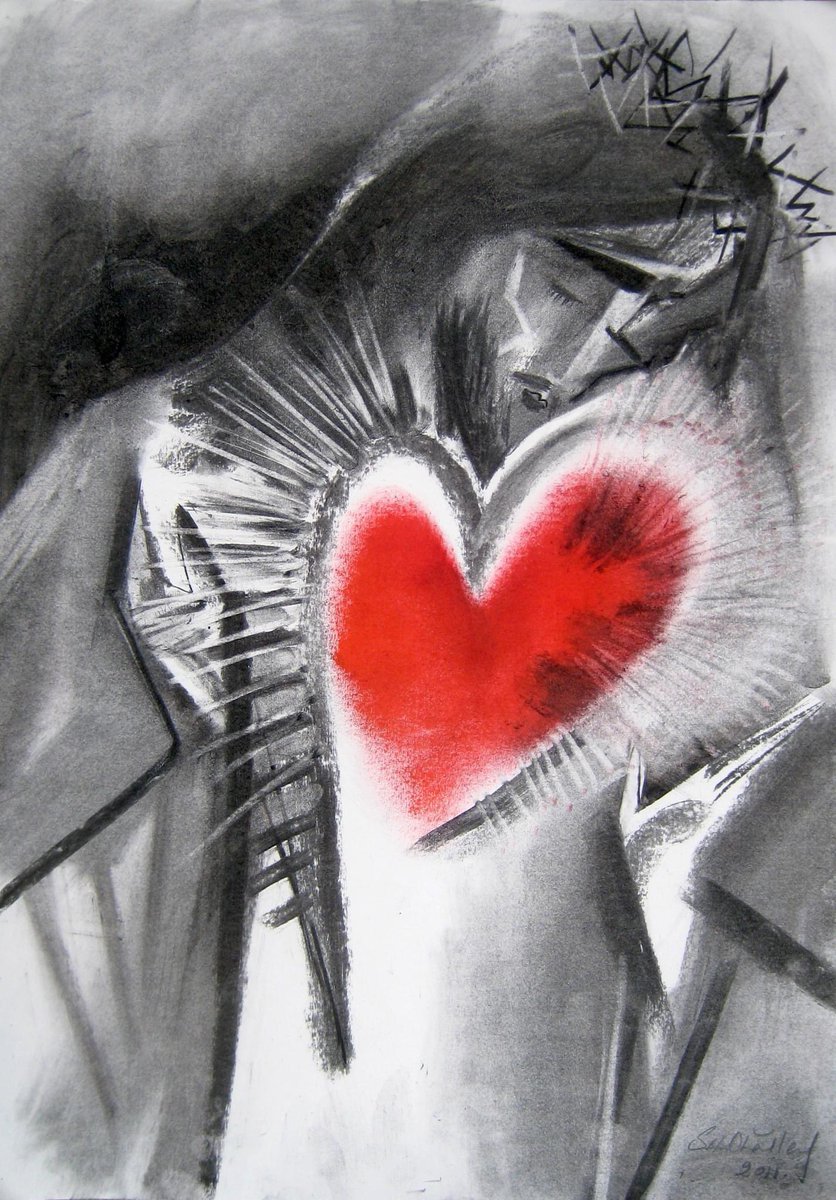 Blessings of peace, courage, hope , comfort , love & healing through the eternal love flowing from The Sacred Heart of Jesus…..”Sacred : The Heart of Jesus” ( Charcoal & oil on paper) #SacredHeartOfJesus #SacredHeart #Jesus #artist #catholic #love 
.