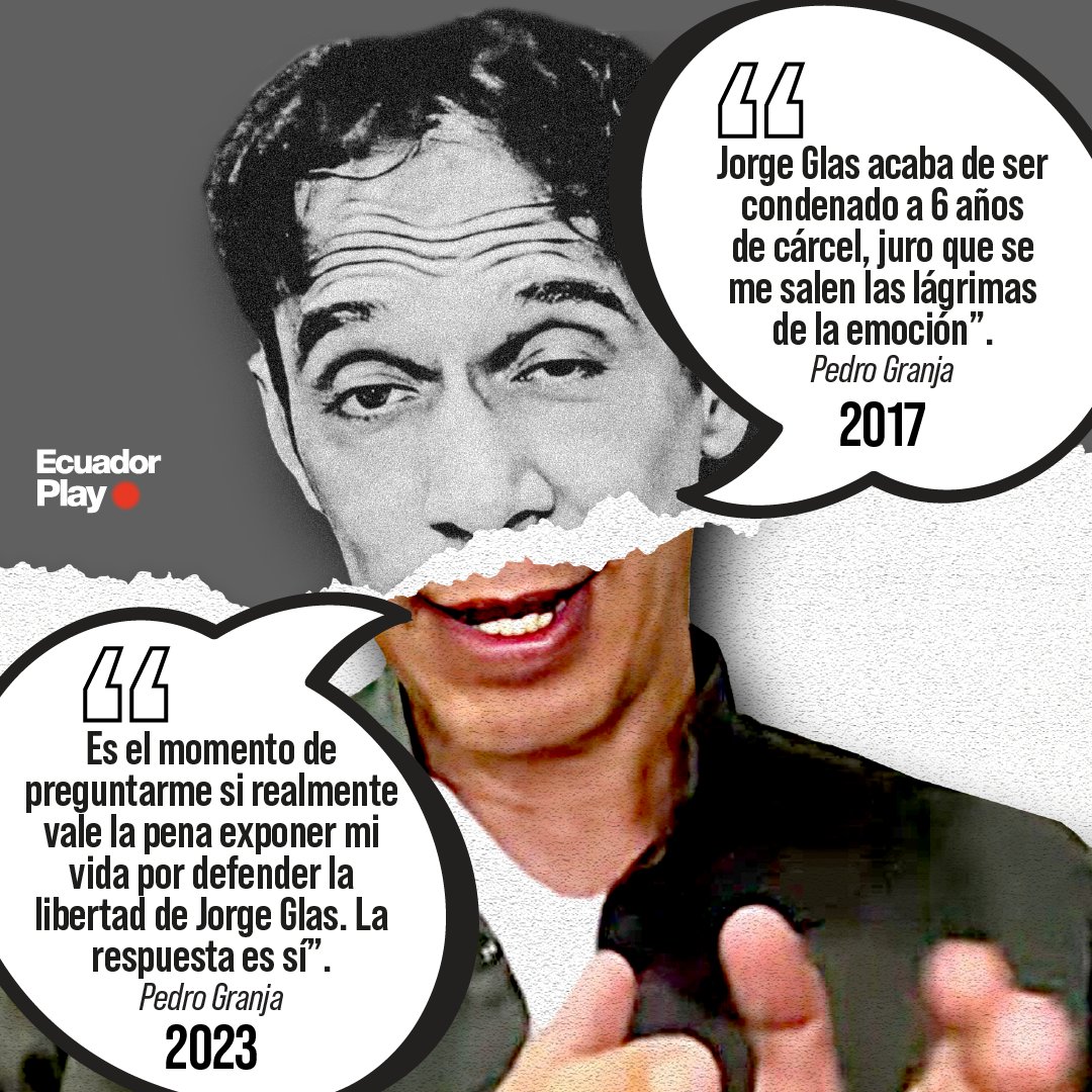 EcuadorPlay's tweet photo. ¿Se contradice?
⬅️➡️ Pedro Granja en el 2017 publicó en su cuenta de Twitter el rechazo a Jorge Glas celebrando su detención, “se me salen las lágrimas de la emoción” manifestó Granja tras la sentencia de 6 años a Glas. Contradictoriamente en este año escribió un artículo en donde lo defiende, afirmando que hasta daría su vida por hacerlo.