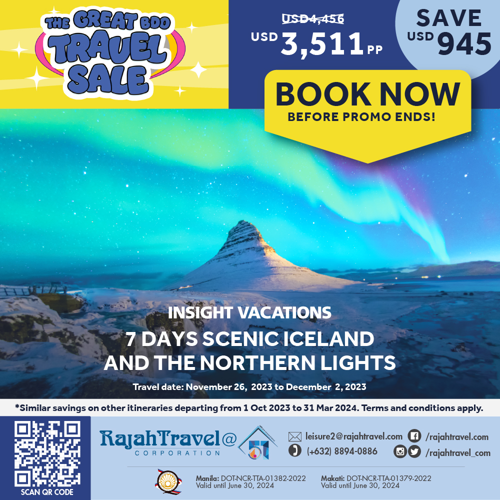 rajahtravel_com's tweet photo. ๐ ๐๐๐ฆ๐ง ๐๐๐๐ก๐๐ ๐๐ข๐ข๐ ๐ก๐ข๐ช! ๐๐โ
๐ 7 Days Scenic Iceland and the Northern Lights - USD3,511pp
For more information:
๐ +632 88940886
๐ง leisure2@rajahtravel.com
๐ https://t.co/cCTSEzHQPN
#TheGreatBDOTravelSaleJune2023
#RajahTravel #InsightVacations https://t.co/tXB41IJkOx