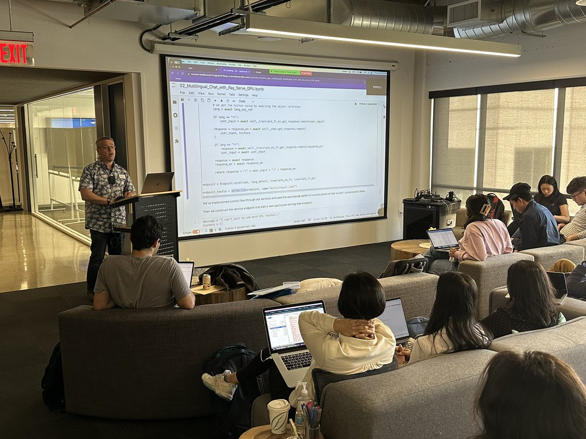 2twitme's tweet photo. @adbreind standing & delivering @raydistributed #LLM-based application workshop on @anyscalecompute to a packed house at HQ.
#rayrocks https://t.co/q5B6uNwpp1