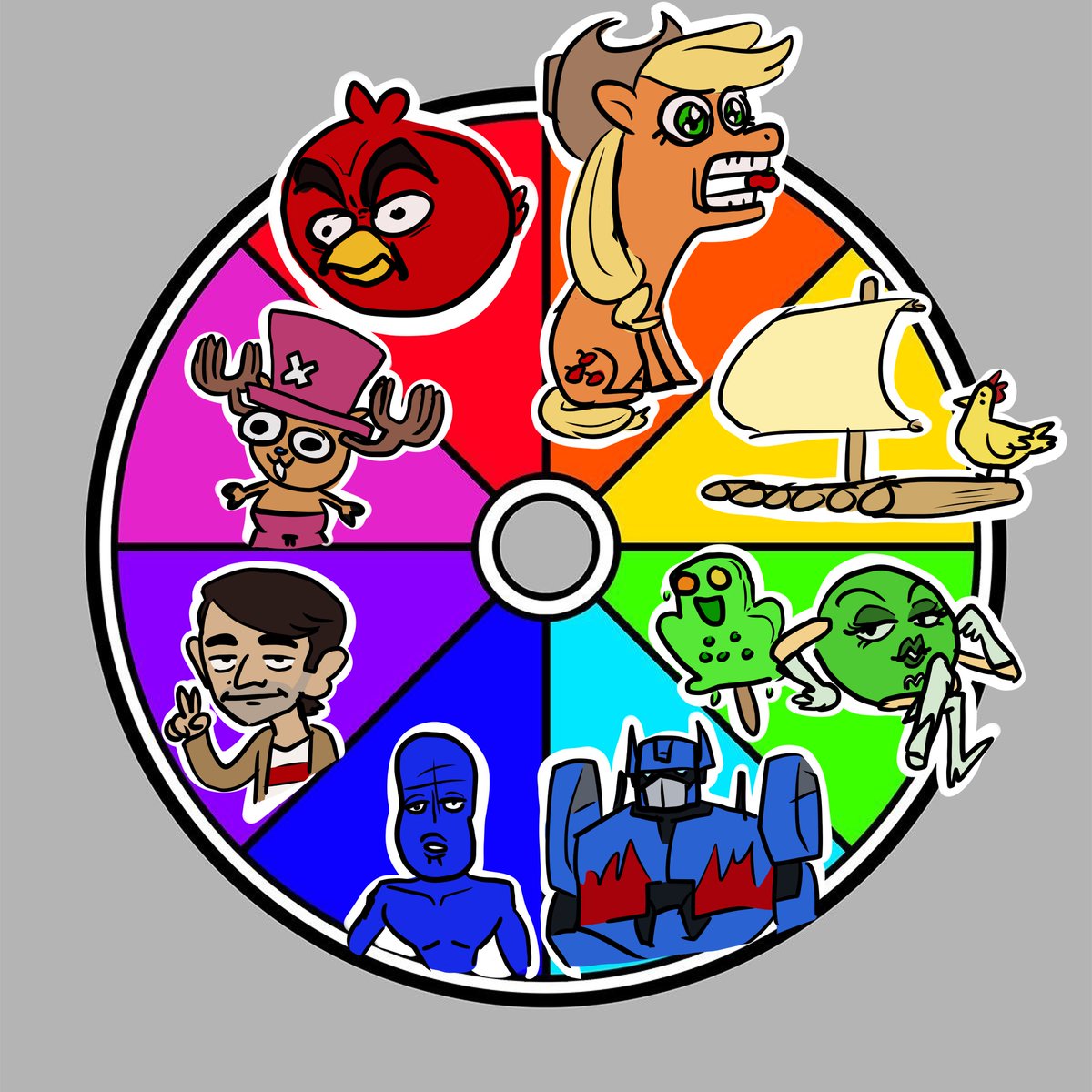 drawn in one minute! red angry bird, applejack, a chicken on a raft, sexy green m&amp;m, fat frog ice cream pop (i got two green requests), michael bay optimus prime, alien from the music video for "blue" by eiffel 65, pat 2man, and my son chopper cuz i didn't get any pink requests