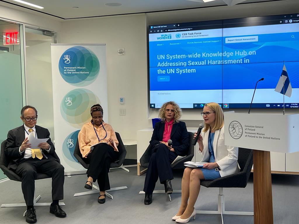 Thanks to @FinlandUN for hosting a reception on the launch of the @UN System-wide Knowledge Hub on Addressing Sexual Harassment with @TarjaHalonen as keynote speaker.

@UN_Women