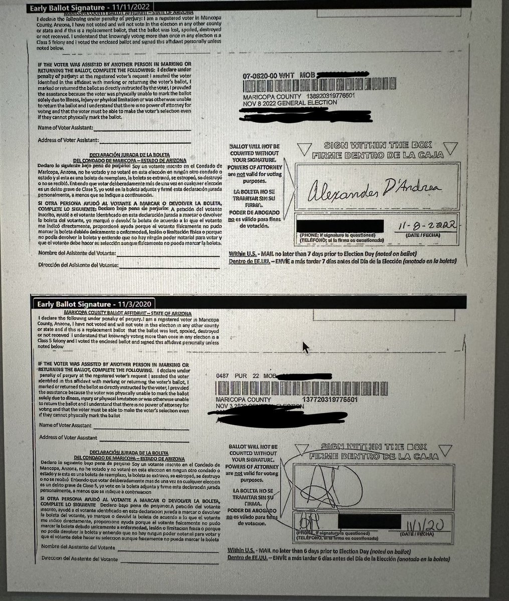 ConradsonJordan's tweet photo. Ahh. I see. So level one would start by comparing these two signatures from the same voter in different elections. Tell me, @Garrett_Archer, do these signatures match? https://t.co/EGI7s4odk9