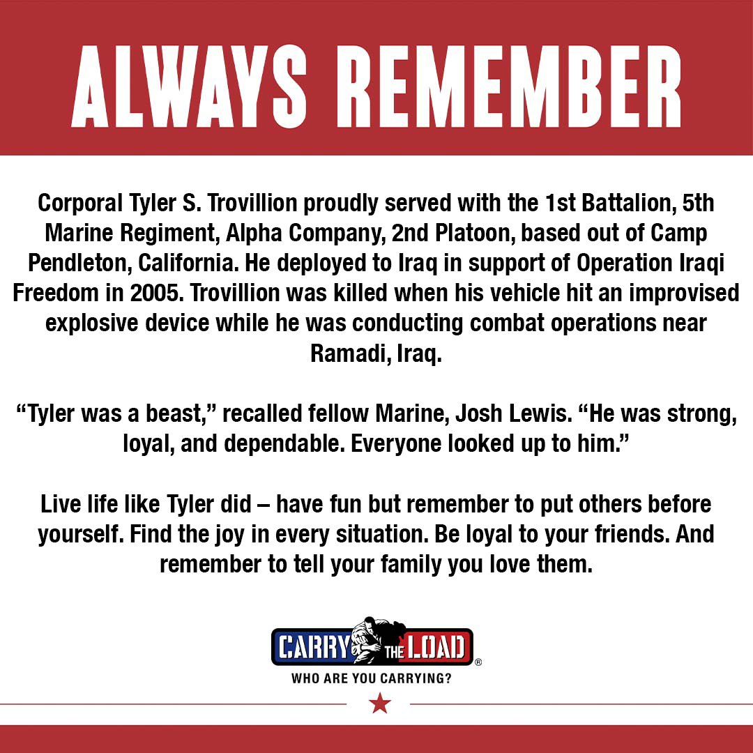 Today and every day, we honor the 'beast' that Corporal Tyler S. Trovillion was. May we #alwaysremember his selfless service and the sacrifice he made in Iraq  for our freedoms 17 years ago today.

#CarryTheLoad #WhoAreYouCarrying