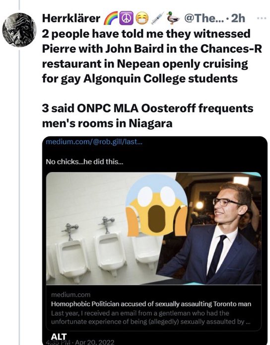 BecauseICare9's tweet photo. @samoosterhoff Did you have time to swing by your favourite pissoir? #MenWhoKnow

#PCClosetCases @PierrePoilievre https://t.co/mim2t9Cjkw