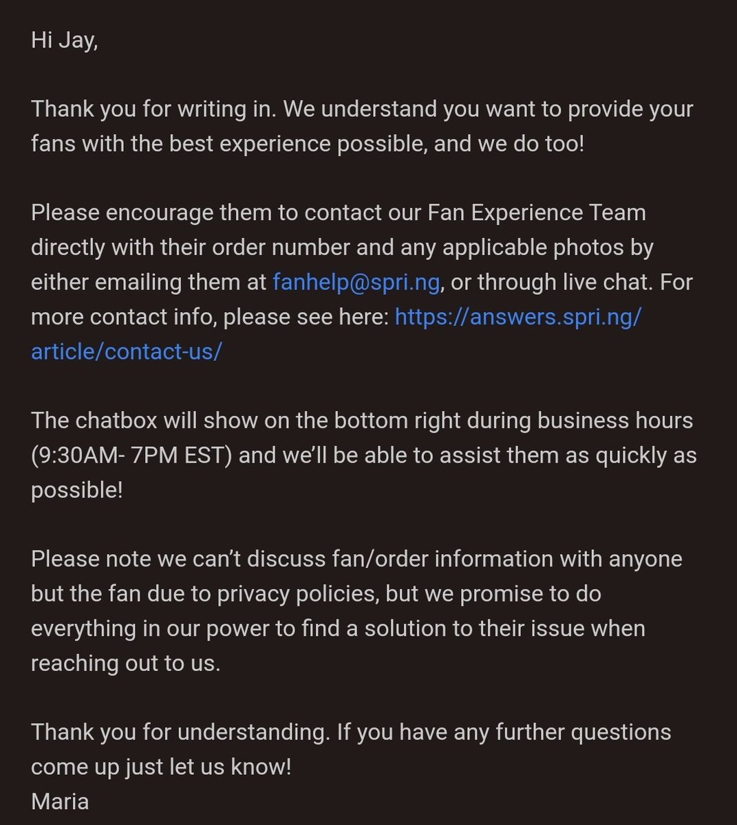 i cannot request refunds for people, so if you want one please look for your email from spring/teespring, go to 'track' or copy your order number, and then you should be able to open a ticket with them