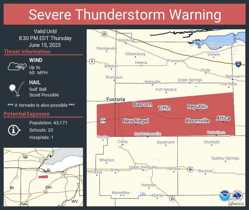 Severe Thunderstorm Warning continues for Tiffin OH, Fostoria OH and  Bloomville OH until 8:30 PM EDT. This storm will contain golf ball sized hail!