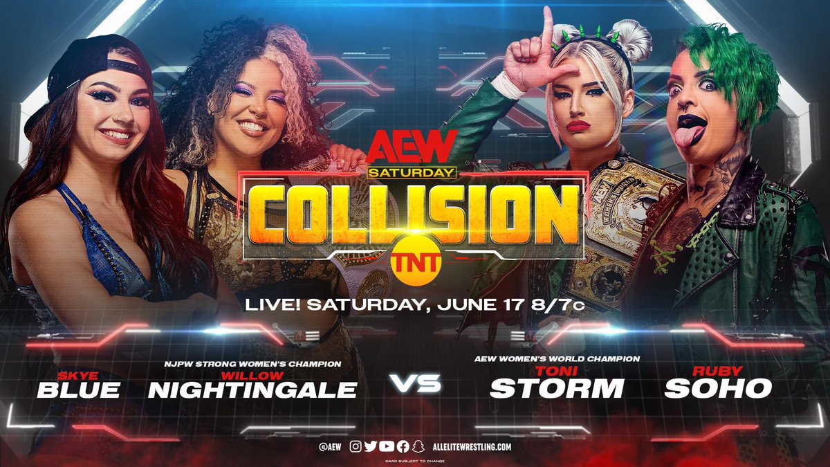 This Weekend its the first ever #AEWCollision and it has this great #WomensWrestling Match

@Skyebyee & @willowwrestles
vs 
#ToniStorm & @realrubysoho

@AEW @AEWonTV #AEW #Wrestling #ProWrestling #WomensWrestling