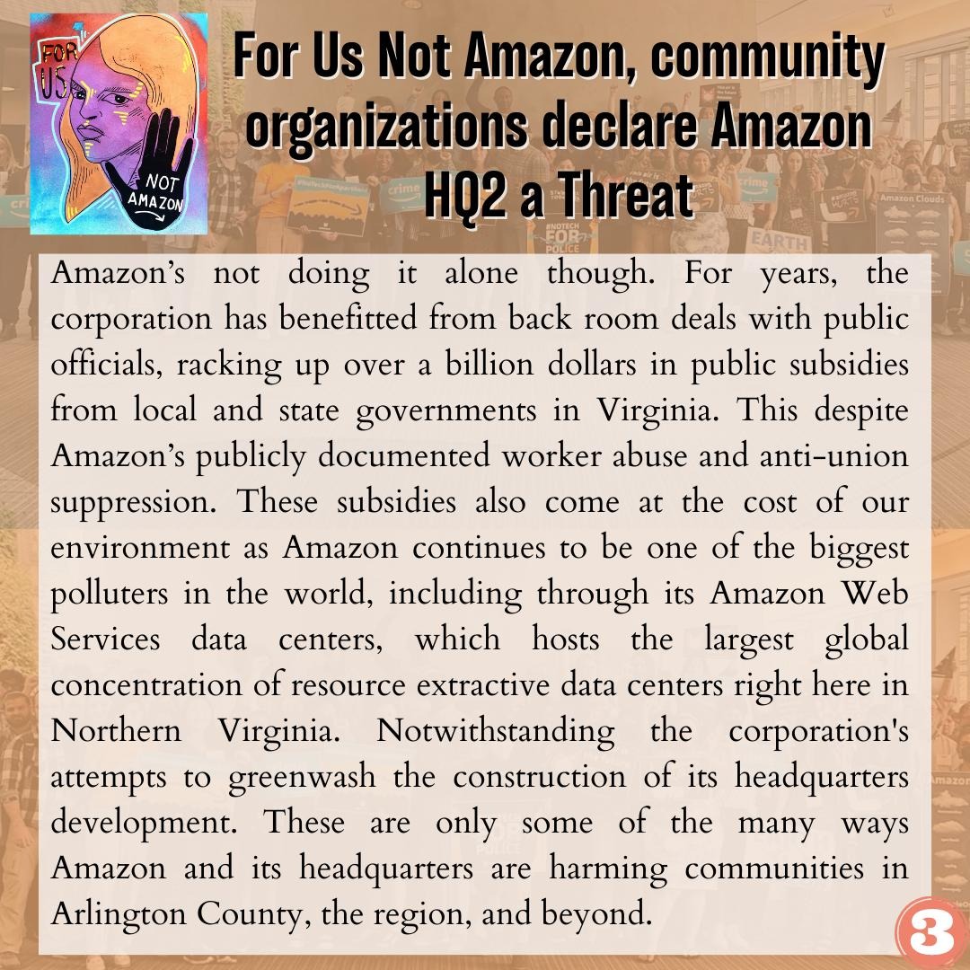 ForUsNotAmazon's tweet photo. ❌ Today, Amazon's #HQ2 "Metropolitan Park" officially opened in Arlington. We at @ForUsNotAmazon have released a statement declaring HQ2 a threat to our communities. Read our statement below⤵️
#ForUsNotAmazon #UpAgainstAmazon #PeopleOverAmazon https://t.co/rHZPqFOj7P