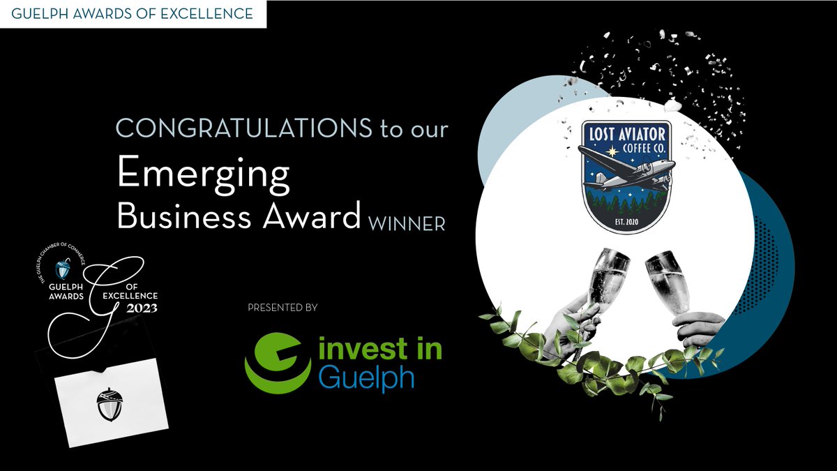 GuelphChamber's tweet photo. Congratulations to @AviatorLost for winning our Emerging Business Award at our Guelph Awards of Excellence this evening!
We are so proud of all of your success, and we wish you a ‘latte’ more! https://t.co/kFIzPqMs52