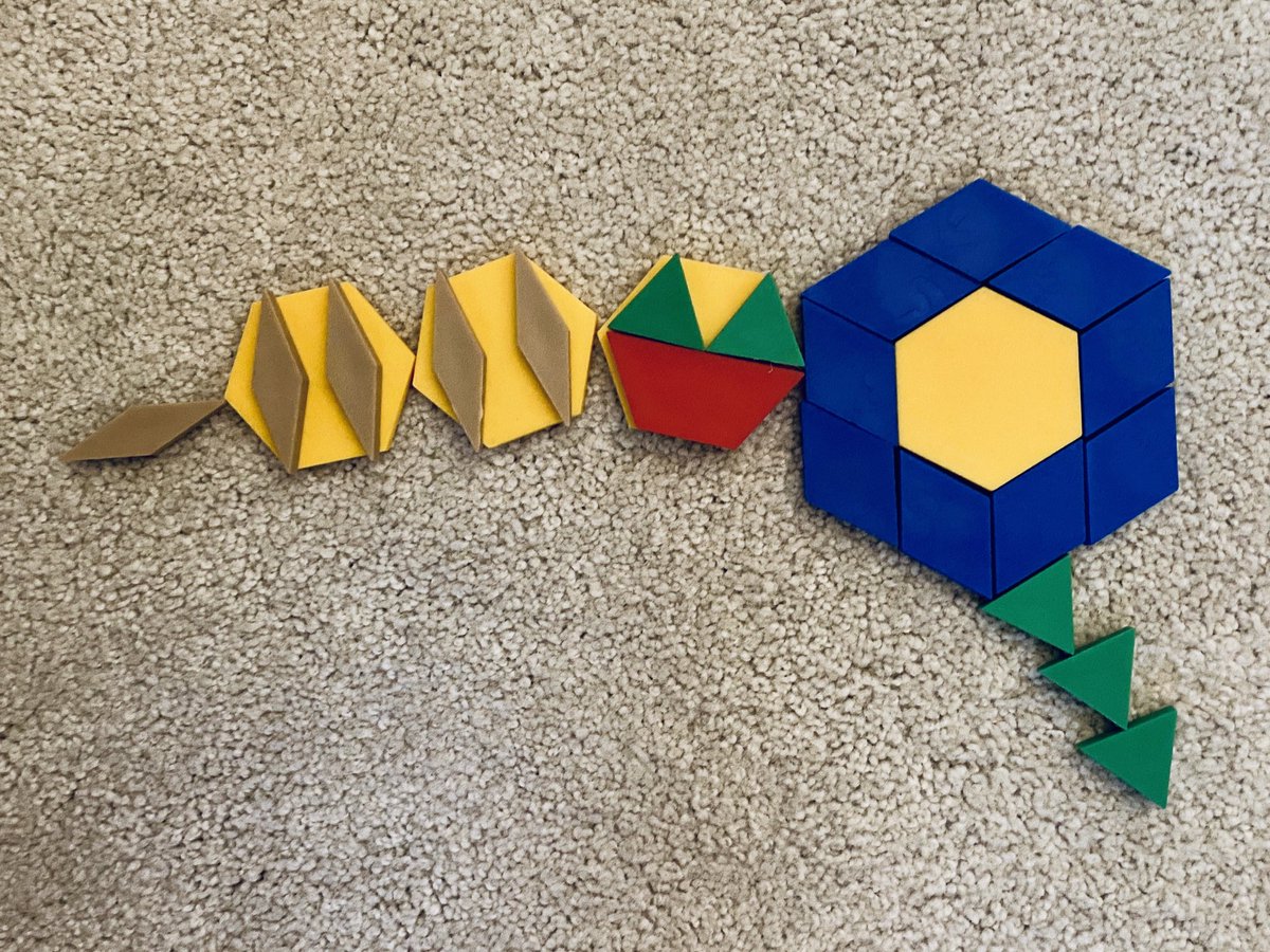 MarlowMathVT's tweet image. Night before the last day of Kindergarten - making pattern block art! 🥹 How many? How do you know? #ITeachMath #MathForAll #NoticeAndWonder