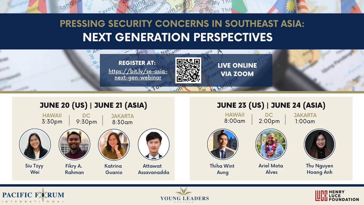 Join us for “Pressing Security Concerns in Southeast Asia: Next Generation Perspectives” on June 20 (3:30PM HST/9:30PM ET) & June 23 (8AM HST/2PM ET) via Zoom. Young Leaders will identify the top threats and challenges in Southeast Asia. Register here: bit.ly/se-asia-next-g…