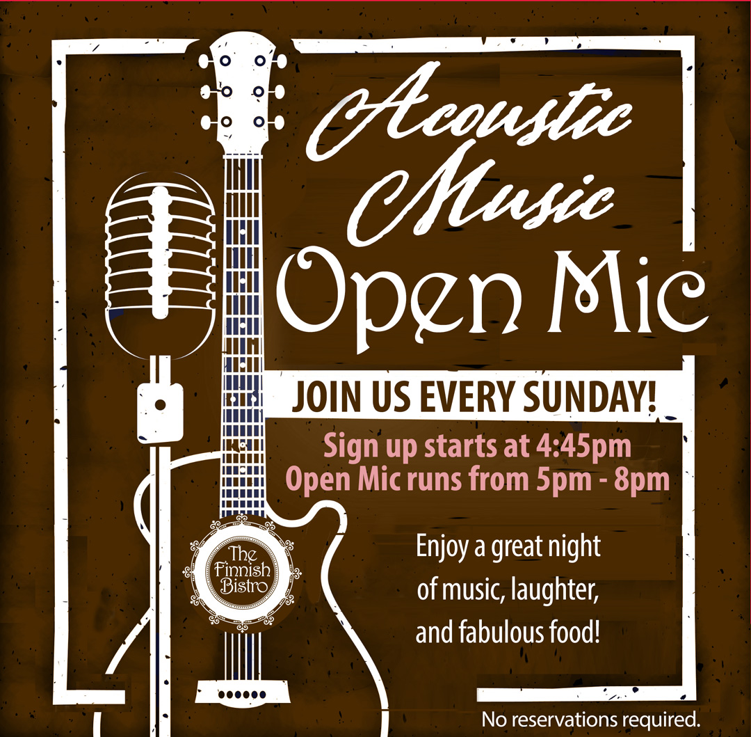 SO POPULAR AND SO MUCH FUN!!!

Join us EVERY SUNDAY for OPEN MIC 🎤 NIGHT🌙

Sign up starts at 5:45pm, Open Mic runs from 6pm - 8pm. 

#finnishbistro #openmic #openmicnight