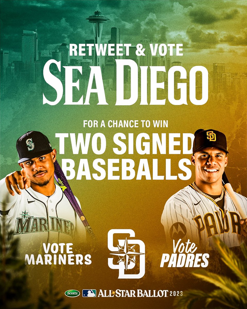 Mariners's tweet photo. 🚨 VOTE and RETWEET to WIN 🚨

Show us your #SEADiego ballot, vote five times and hit that retweet button for a chance to win signed baseballs from @JRODshow44 AND @JuanSoto25_!

⭐️ https://t.co/x3ZJ6p4BdV ⭐️ https://t.co/gKEtU1McW8